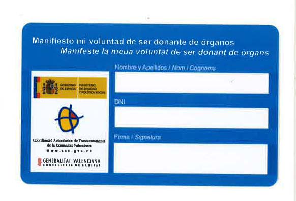 Tarjeta de Donante de Órganos de la Conselleria de Sanitat (Generalitat Valenciana)